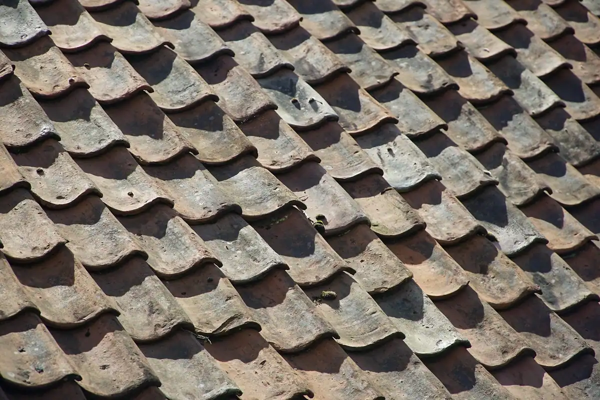 Țigle ceramice suprapuse pe un acoperiș, văzute de aproape