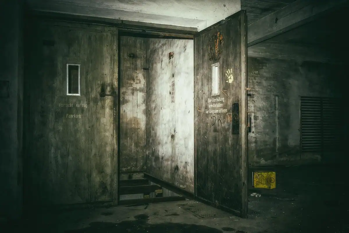 Lift abandonat într-o clădire dărăpănată și întunecată, cu ușa deschisă și aspect sumbru