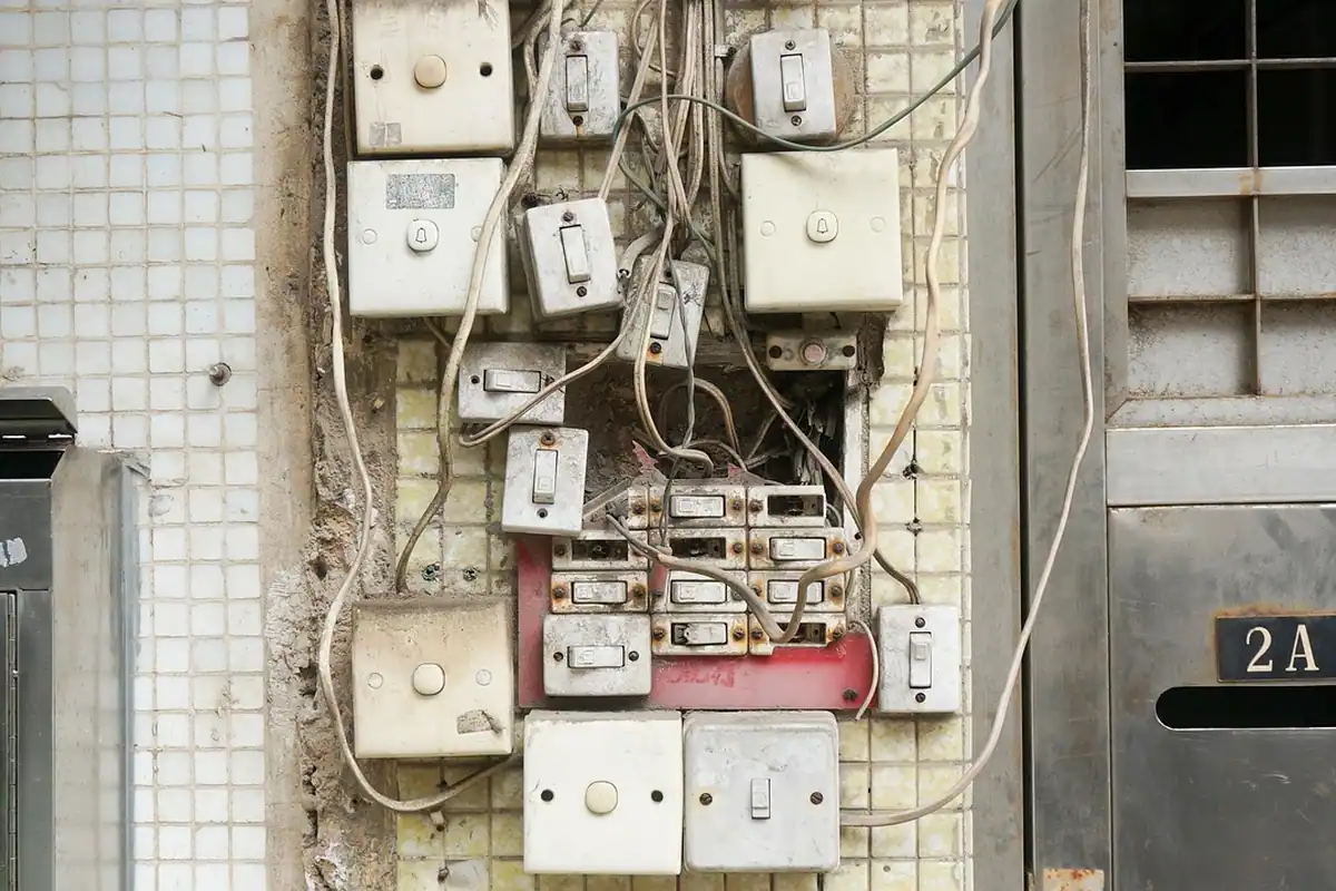 Prize, întrerupătoare și fire electrice vechi, murdare și deteriorate